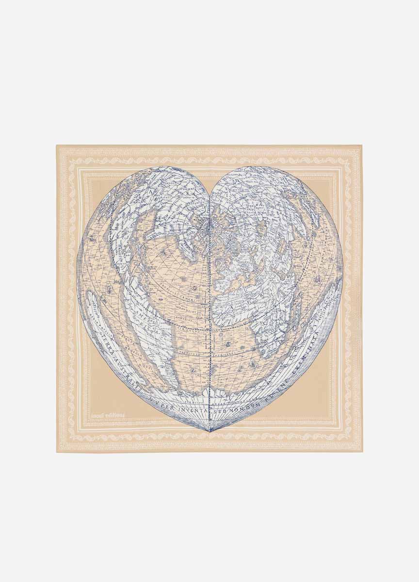世界地圖絲棉方巾-奶茶